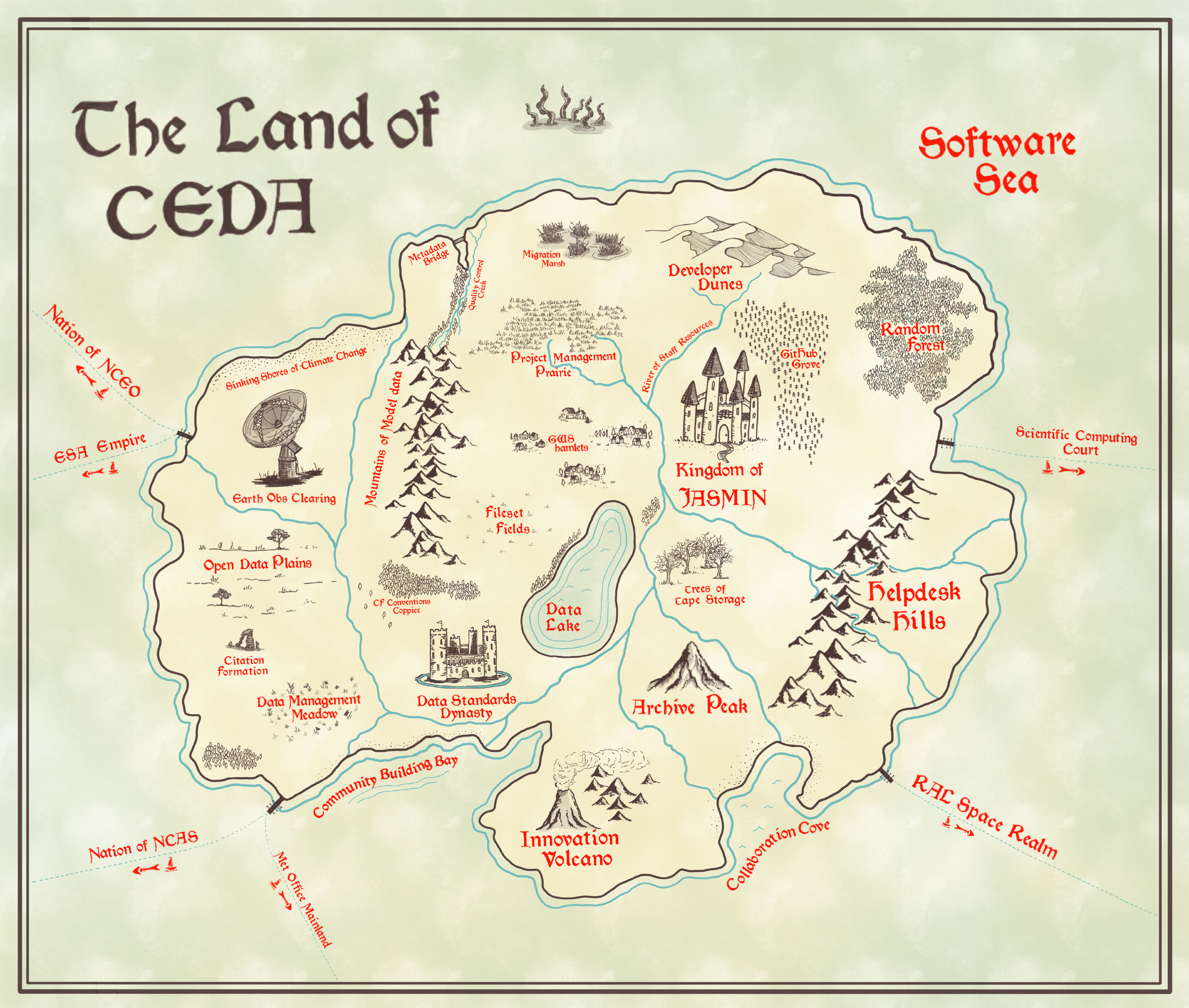 The Land of CEDA is a hand drawn digital artwork created by Molly MacRae, a CEDA Data Scientist. It depicts areas of our work as features on a fantasy landscape, in the style of a Tolkien map